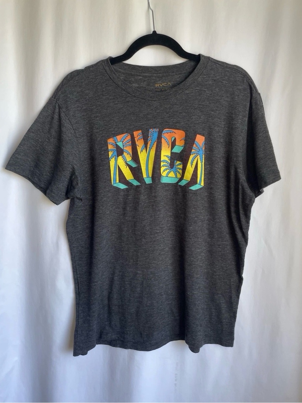 RVCA Charcoal Short Sleeve Tee with Tropical Multi-Color Logo